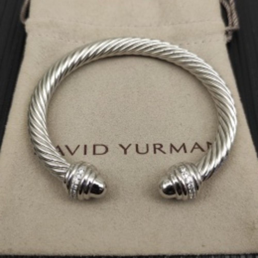 💫David Yurman✨7mm Silver Rope‑Twist Diamond‑End Cuff With Pouch